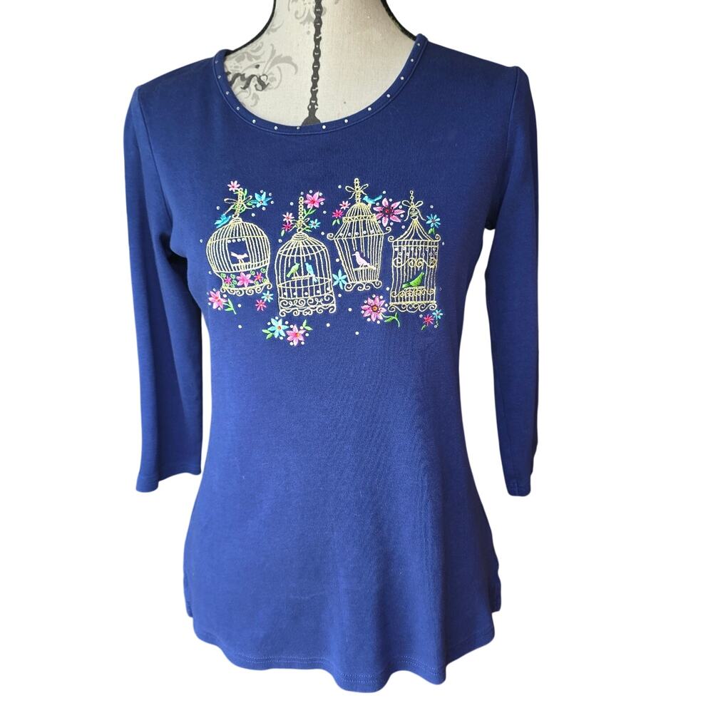 Quaker Factory Whimsical Kitsch Bird Cage Rhinestone Blue Top Size XXS